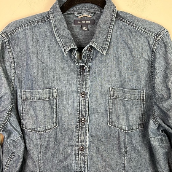 Lands End button down shirt womens 18P blue denim long sleeve - Picture 3 of 8